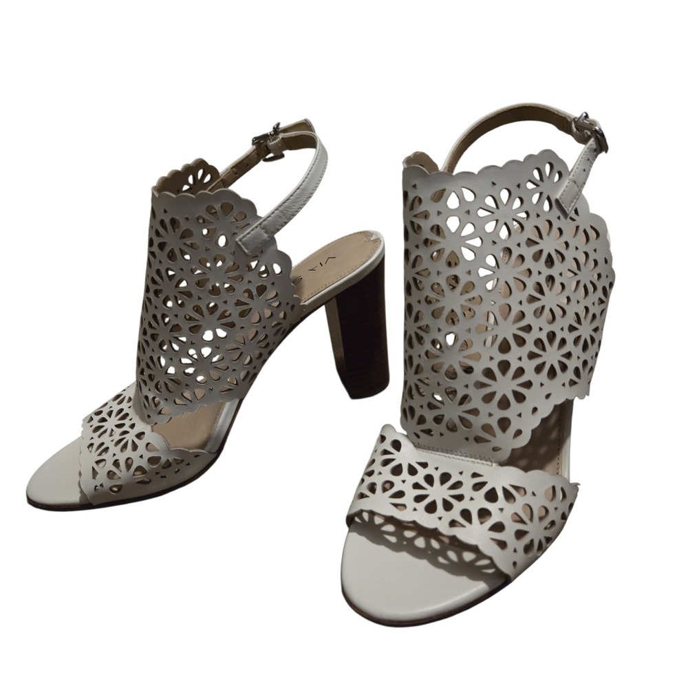 Via Spiga Leather Laser Cut Heels NWT Ivory Milk Slingback Sandals Women 7.5